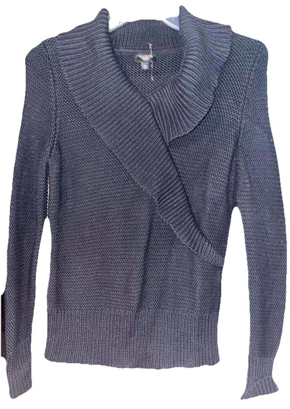 Talbots Women’s Heavy Black Knitted Sweater Cowl Neck Cross Collar Sz Mp Cotton